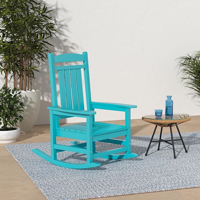 KINGYES HDPE Rocking Chairs Outdoor, Patio Rocking Chairs with 330lbs Support, Smooth Porch Rocker for Deck Lawn Yard, Aruba Blue - Image 2