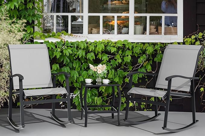 Vongrasig 3 Piece Outdoor Rocking Bistro Set, Textilene Fabric Small Patio Furniture Set, Front Porch Rocker Chairs Conversation Set with Glass Table for Lawn, Garden, Balcony, Poolside (Light Gray) - Image 8