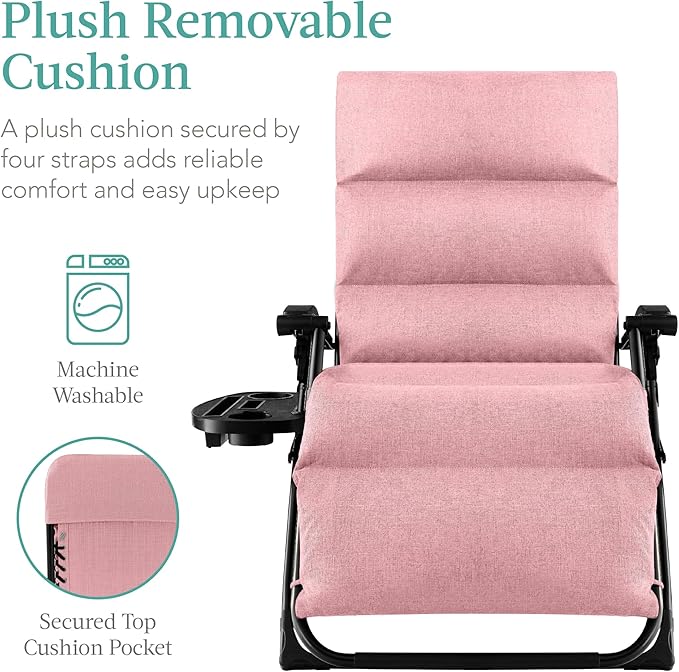 Best Choice Products Oversized Zero Gravity Chair, Folding Outdoor Patio Recliner, XL Anti Gravity Lounger w/Removable Cushion, Cup Holder, Side Tray, 350lb Capacity - Pink - Image 3