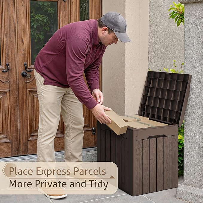 Flamaker 2 Pack Deck Box 31 Gallon Waterproof Resin Storage Box with Lid Indoor Outdoor Delivery Box Storage Bin for Patio Cushions (Deep Brown) - Image 6