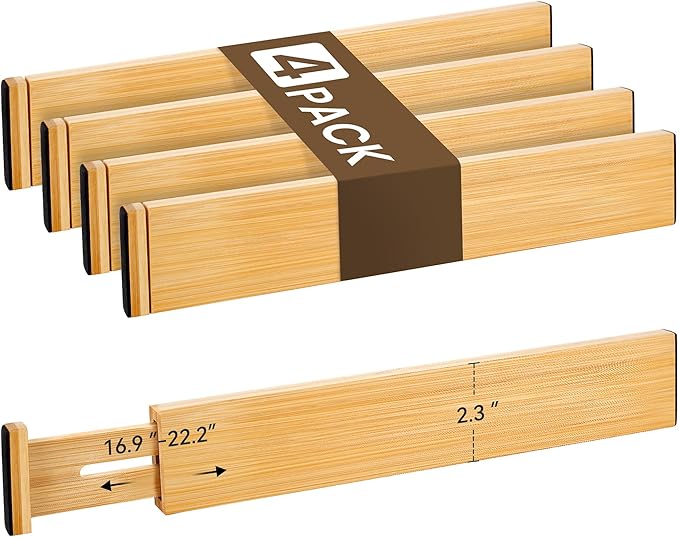 Bamboo Drawer Divider Set of 4, Adjustable Spring-Loaded Drawer Organizer by NCUE