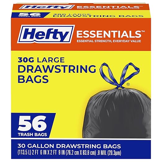 Hefty Essentials Drawstring 30 Gallon Trash Bags, Bulk Black Garbage Bags by Hefty