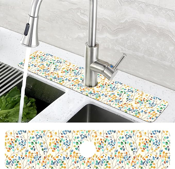 Abstract Watercolor Leaves Sink Faucet Absorbing Mat Sink Splash Guard Faucet - Image 4