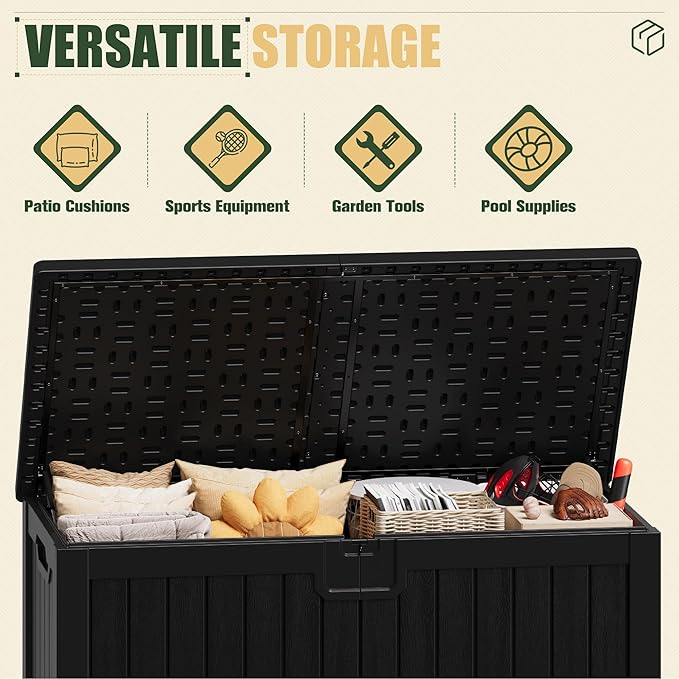 JUMMICO 250 Gallon Outdoor Resin Deck Box with Divider, Waterproof Storage Box with Lockable Lid&Side Handles for Garden Tools, Pools Supplies (Black) - Image 3