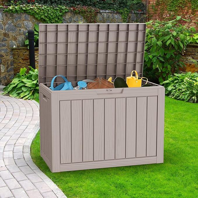 ROJIK Outdoor Storage Housing Deck Box - Waterproof Patio Furniture, Garden Tools, Cushions, Pool Accessories Storage Bench with Lockable Lid and Side Handles (Grey, 45 Gal) - Image 6