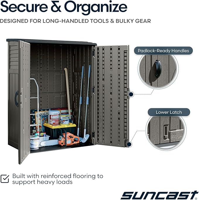 Suncast Outdoor Storage Cabinet Waterproof Resin Vertical Outdoor Storage Shed (54 cu. ft.) for Patio, Garden Tools, Cushions, & Equipment. Weatherproof Plastic Multi-Wall Design, Capacity Made in USA - Image 6