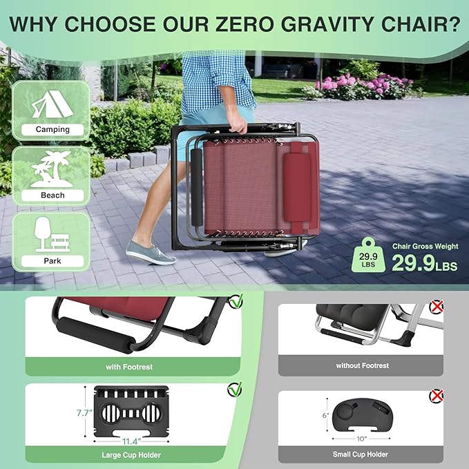 Suteck Oversized Zero Gravity Chair, 29In XL Outdoor Recliner Chair w/Removable Cushion&Headrest, Camping Lounge Chair w/Upgraded Lock&Footrest, Reclining Patio Chairs for Indoor Outdoor,500LBS - Image 5