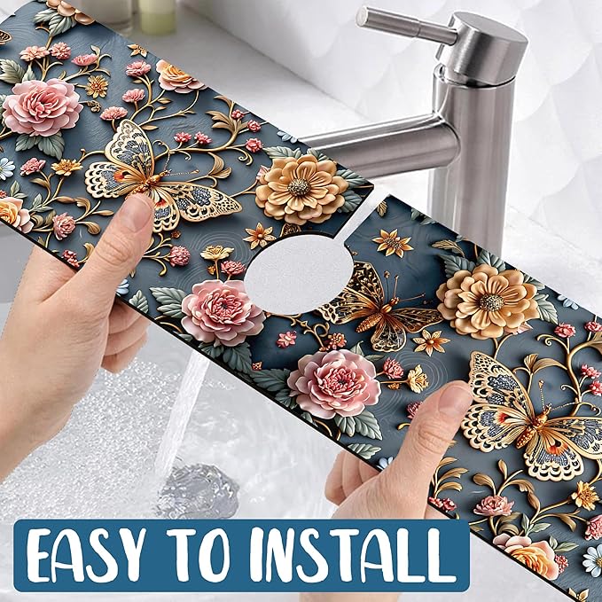 Gold Butterfly Kitchen Sink Splash Guard Faucet Mat Pink Floral Super Absorbent - Image 5