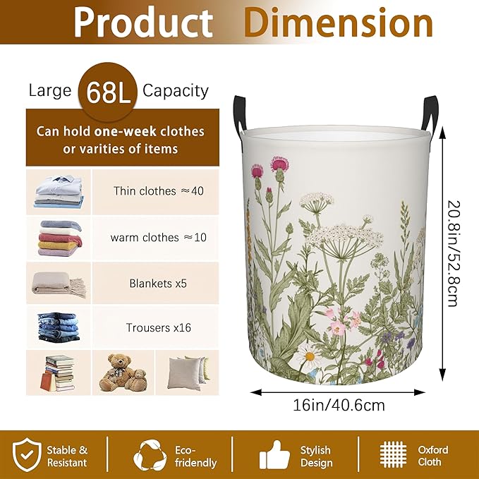 Laundry Hamper, Retro Wild Flowers Botanical Laundry Basket, Waterproof - Image 2