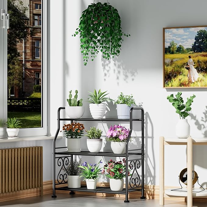 GIOTORENT Plant Stand Outdoor Indoor 3 Tier Metal Waterproof - 29.1" Plant Shelf for Patio, Balcony, Living Room, Large Capacity Tiered Plant Rack, Black - Image 2