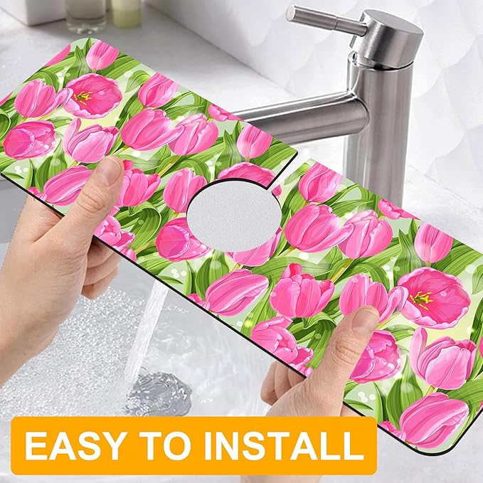 2 Pack Watercolor Tulips Sink Faucet Absorbing Mat Pink Tulips Super Absorbent - Image 4