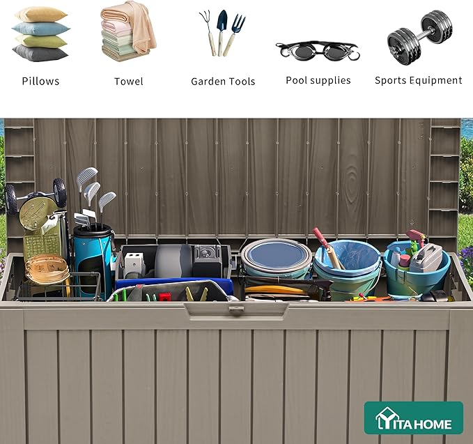 YITAHOME 72 Gallon Outdoor Resin Deck Box with Wheels, Pool Storage Box for Outdoor Cushions, Sports Equipment, Garden Tools, Light Brown - Image 5