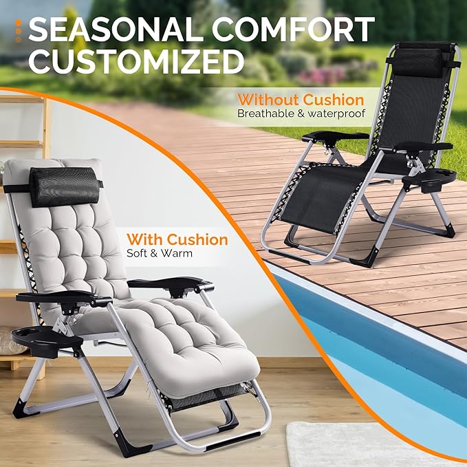 VINGLI Padded Zero Gravity Chair, Lounge Chair with Removable Cushion & Tray， Folding Reclining Patio Chairs， Recliner Chair for Lawn，Indoor and Outdoor - Image 7
