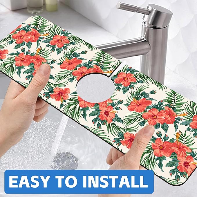 Tropical Leaves and Red Floral Kitchen Sink Splash Guard Mat Absorbent Fast - Image 6
