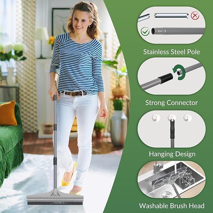 Walensee Rubber Broom, 2 in 1 Rubber Broom and Nylon Carpet Rake Brush - Image 5