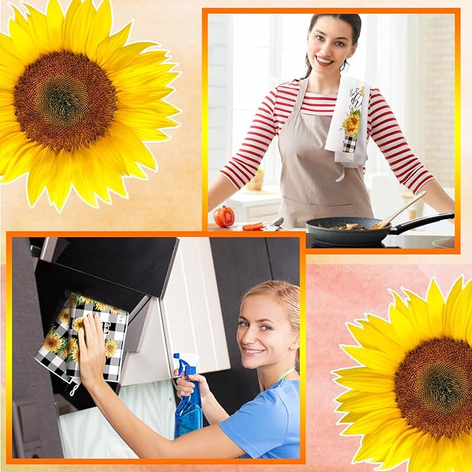 Bencailor 4 Pcs Sunflower Kitchen Towels Flower Hand Dish Towels Black and - Image 4