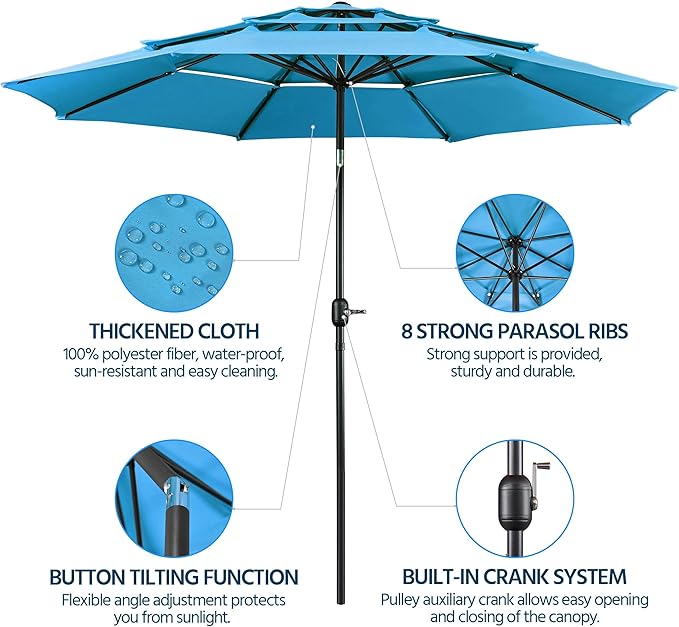Yaheetech 3-Tier Patio Parasol 10ft Vented Outdoor Canopy Sun Shade Large Market Table Umbrella Double-layer Cloth & Push-button Tilting for Yard/Garden/Park Sky Blue - Image 4