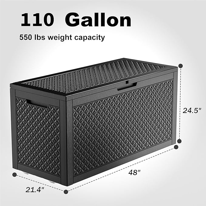 110 Gallon Resin Deck Box, Lockable Patio Outdoor Storage Box for Furniture, Garden Tools and Tools Storage, Waterproof Outside Storage Boxes - Patterned black - Image 2