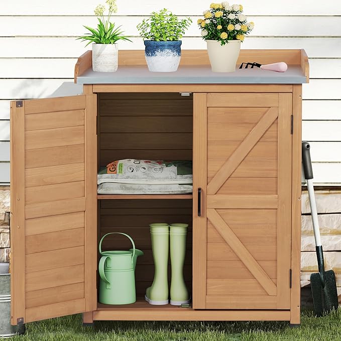 Outdoor Storage Cabinet & Potting Bench Table with Metal Top, Wooden Patio Furniture, Garden Workstation (Light Brwon, 39x31.5x17in) - Image 2
