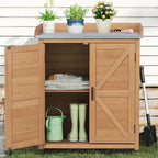 Outdoor Storage Cabinet & Potting Bench Table with Metal Top, Wooden Patio Furniture, Garden Workstation (Light Brwon, 39x31.5x17in) - Image 2