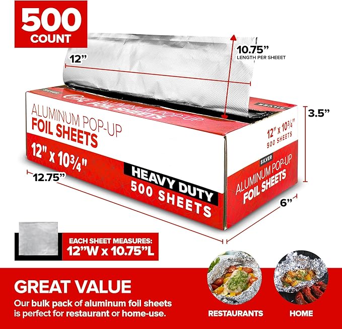 12' Ultra Heavy Duty Pop Up Deli Aluminum Foil, 500 Pre-Cut Sheets, Hot Dog or - Image 2
