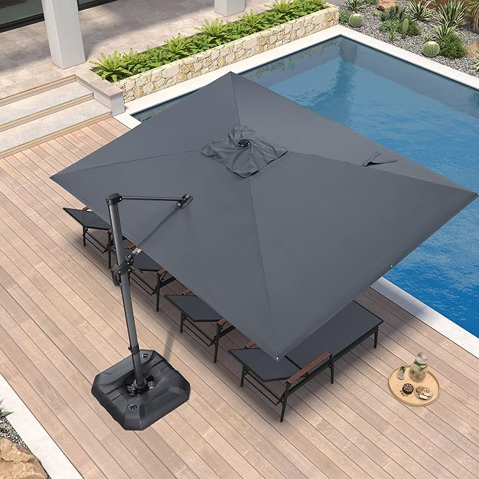 PURPLE LEAF 9'×11.5' Cantilever Patio Umbrella with Base Rectangle Offset Outdoor Umbrella Cover with Zipper for Garden Deck Pool Grey - Image 2