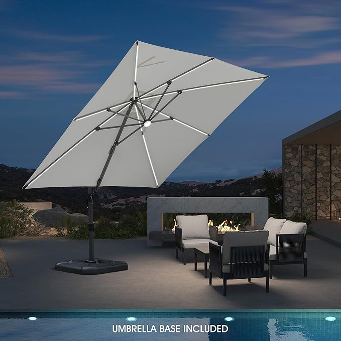 PURPLE LEAF 10 Feet Patio Umbrella with Base Outdoor Cantilever Solar Powered LED Square Umbrella Aluminum Offset Umbrella with 360-degree Rotation for Garden Deck Pool Patio White - Image 2