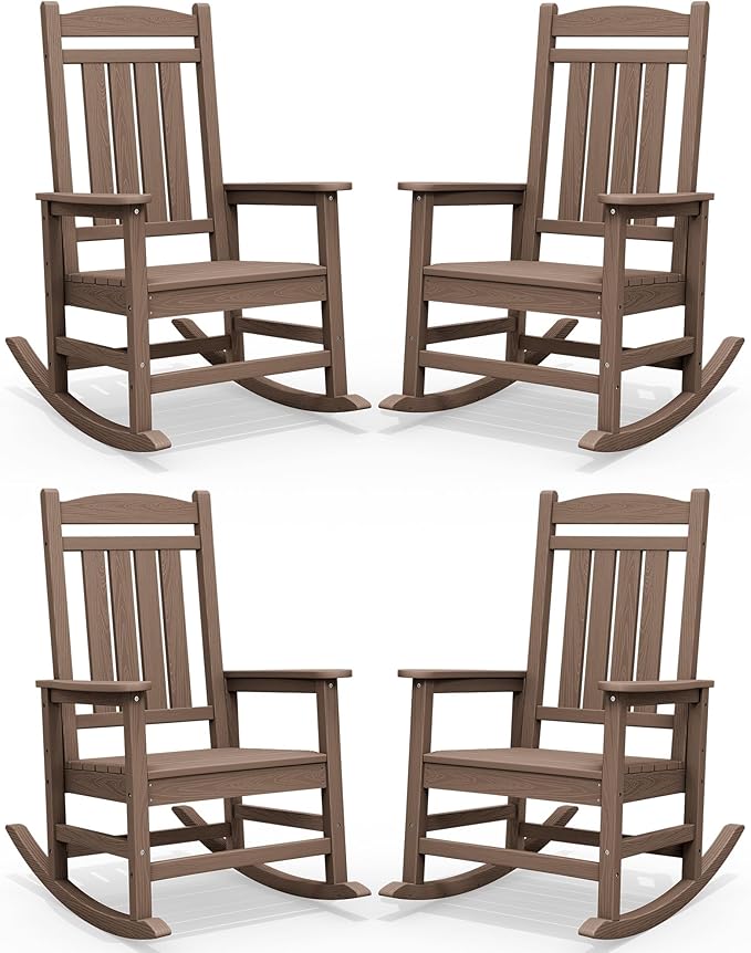 SERWALL HDPE Outdoor Rocking Chair Set of 4, Patio Rocking Chairs, All-Weather Porch Rockers for Adults, Brown by SERWALL