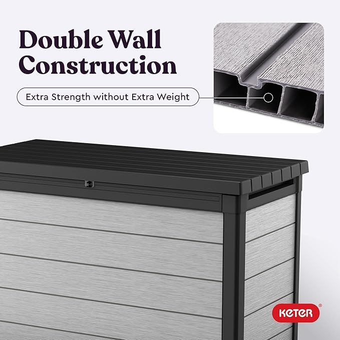 Keter Denali 200 Gallon Resin Large Deck Box with Double Wall 20mm Panels - Paintable and Drillable-Organization and Storage for Patio Furniture and Outdoor Items, Grey & Black - Image 8