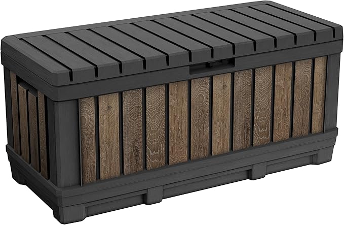 Keter Signature Collection 92 Gallon Resin Deck Box Organization and Storage Box for Patio Outdoor Cushions, Throw Pillows, Garden Tools and Pool Supplies, Walnut by Keter