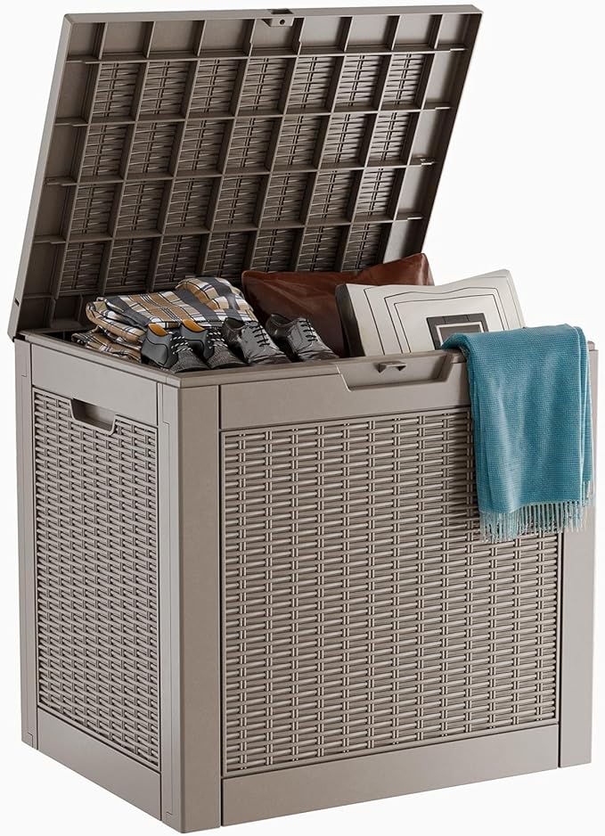 ROJIK Outdoor Storage Housing Deck Box - Waterproof Patio Furniture, Garden Tools, Cushions, Pool Accessories Storage Bench with Lockable Lid and Side Handles (Grey Rattan, 30 Gal) by ROJIK
