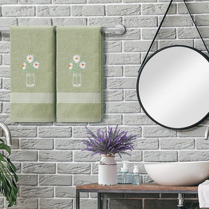 2 Pcs Daisy Flower Hand Towels Gray Green Bathroom Decor 14x29 Inch Embroidered - Image 3
