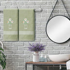 2 Pcs Daisy Flower Hand Towels Gray Green Bathroom Decor 14x29 Inch Embroidered - Image 3