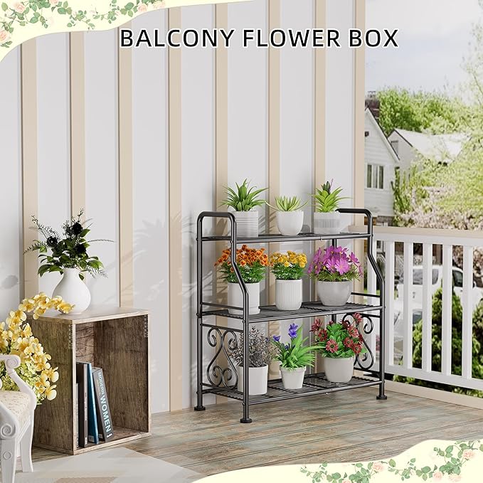 GIOTORENT Plant Stand Outdoor Indoor 3 Tier Metal Waterproof - 29.1" Plant Shelf for Patio, Balcony, Living Room, Large Capacity Tiered Plant Rack, Black - Image 4