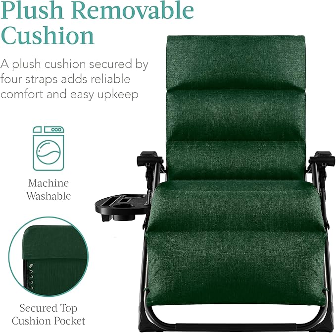 Best Choice Products Oversized Zero Gravity Chair, Folding Outdoor Patio Recliner, XL Anti Gravity Lounger w/Removable Cushion, Cup Holder, Side Tray, 350lb Capacity - Forest Green - Image 3