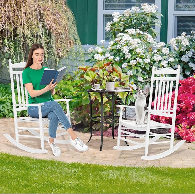 VINGLI Wooden Rocking Chair, Outdoor Chair with 450 lbs Support, Relaxing Rocker with Solid Wood High Back Seat Reclining Seat for Deck, Garden, Backyard, Porch, Indoor or Outdoor Use (White, 2PCS) - Image 2