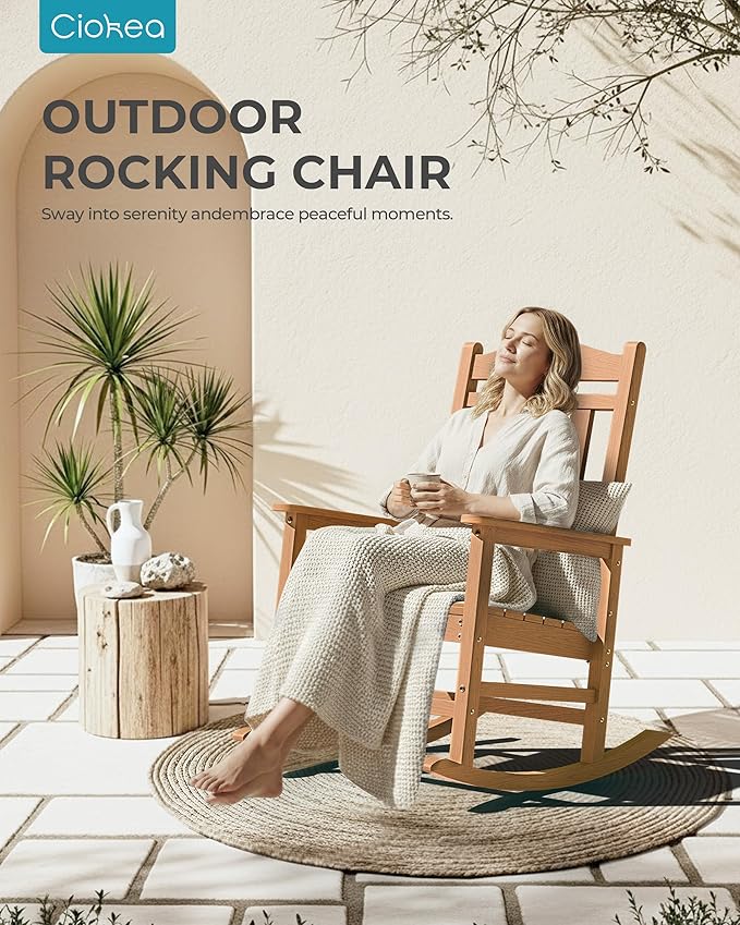 Ciokea Oversized Outdoor Rocking Chairs Set of 3, 380lbs Heavy-Duty Large Patio Rocker, High Back Cozy Porch Chairs, Weather Resistant Patio Rocking Chairs for Outside, Fire Pit, Deck, Teak - Image 8