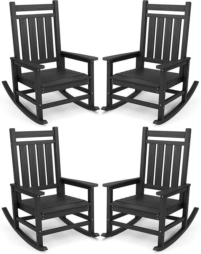 SERWALL Oversized Outdoor Rocking Chair Set of 4, HDPE Rocker for Adults, Patio Rocking Chairs for Porch, Black by SERWALL