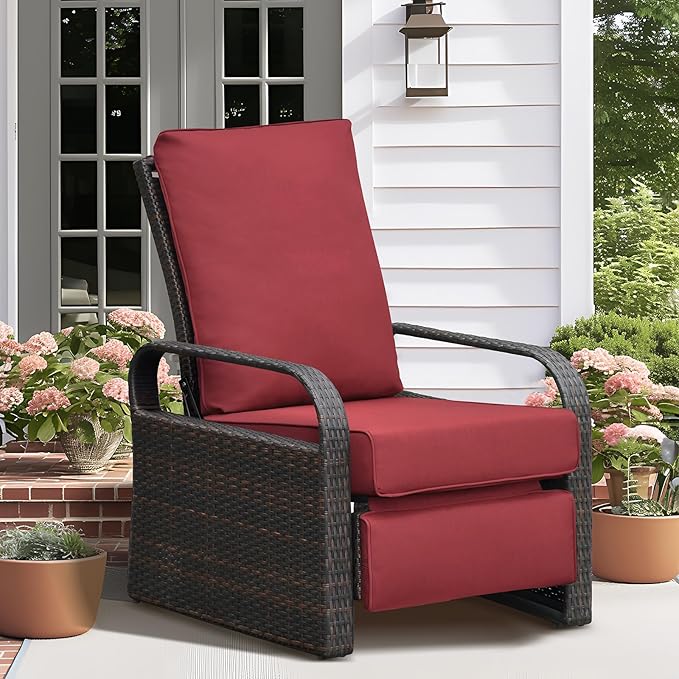 Outdoor Recliner, Outdoor Resin Wicker Patio Recliner Chair with 5.5'' Cushions, Patio Furniture Auto Adjustable Rattan Sofa, UV/Fade/Water/Sweat/Rust Protected, Easy to Assemble (Red) - Image 6