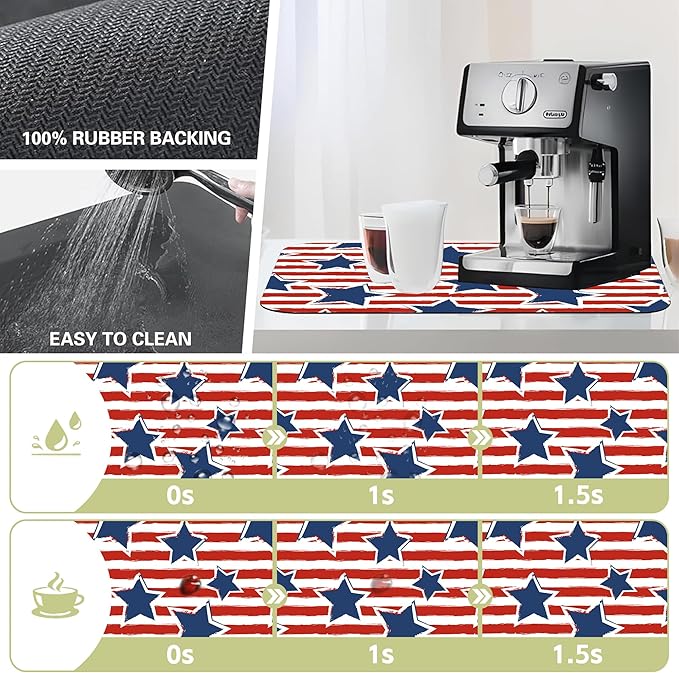Dish Drying Mat Watercolor Blue Star Red Stripes Kitchen Mat 12"x19" Bsorbent - Image 3