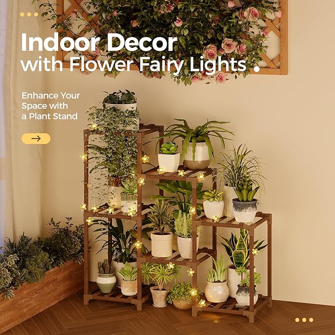 Bamworld Plant Stand Indoor with Flower Fairy Lights Battery Plant Shelf Wood Plant Rack for Multiple Plants 3 Tiers Ladder Plant Holder for 7 Pots for Living Room Home Decor for Gardening Gifts - Image 2