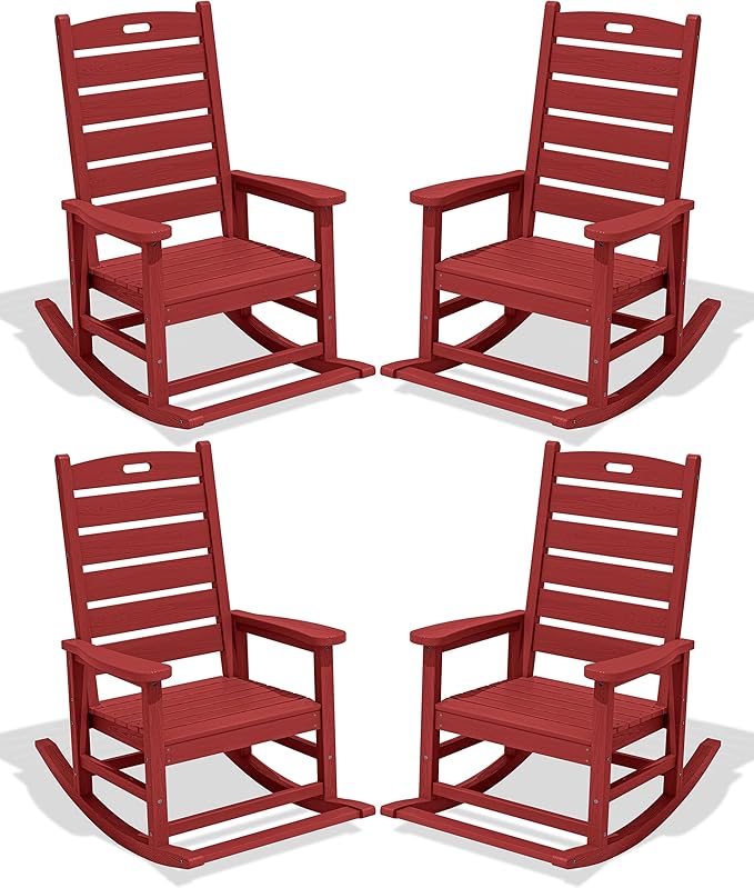 SERWALL Outdoor Rocking Chair Set of 4, Oversized HDPE Patio Rocking Chair with Footrest for Adults, All Weather Porch Rocker for Deck Patio Balcony, Red by SERWALL