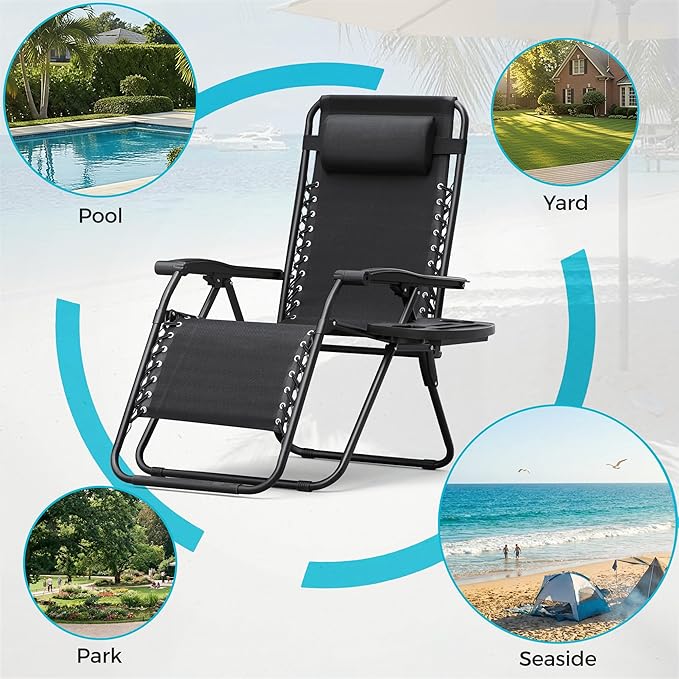 Homall Zero Gravity Chair Patio Folding Lawn Outdoor Lounge Gravity Camp Reclining Lounge Chair with Cup Holder Pillows for Poolside Backyard and Beach Set of 4 (Black) - Image 6