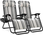Best Choice Products Set of 2 Adjustable Steel Mesh Zero Gravity Lounge Chair Recliners w/Pillows and Cup Holder Trays - Gray Stripes by BestChoiceProducts