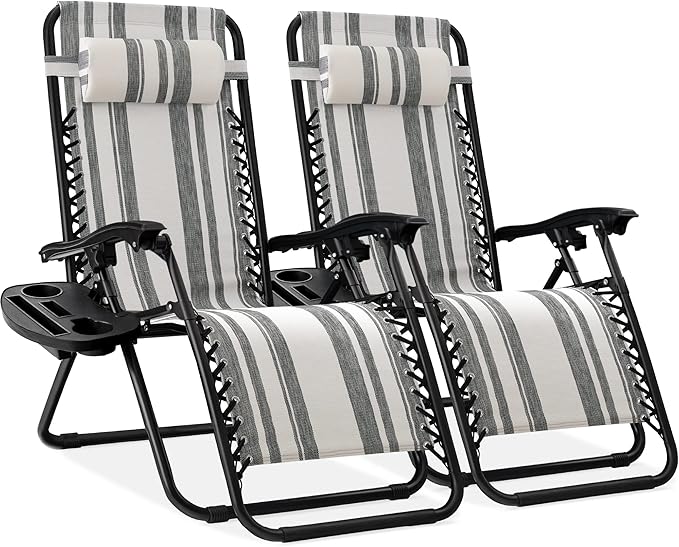 Best Choice Products Set of 2 Adjustable Steel Mesh Zero Gravity Lounge Chair Recliners w/Pillows and Cup Holder Trays - Gray Stripes by BestChoiceProducts