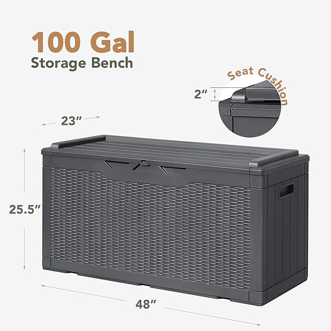 Flamaker Deck Box with Cushion 100 Gallon Waterproof Resin Storage Box with Air Rod Indoor Outdoor Lockable Storage Bench for Patio Furniture, Tools, Pool Accessories (Gray) - Image 6
