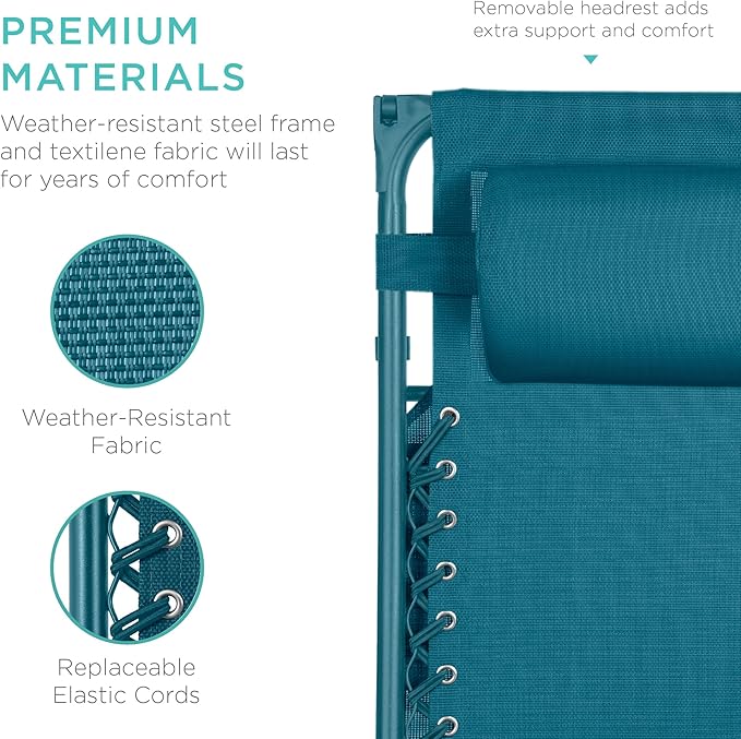 Best Choice Products Folding Zero Gravity Outdoor Recliner Patio Lounge Chair w/Adjustable Canopy Shade, Headrest, Side Accessory Tray, Textilene Mesh - Peacock - Image 5