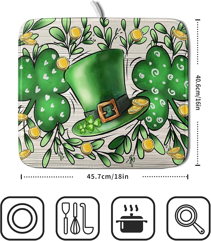 St Patrick's Day Shamrock Dish Drying Mat 16x18 inch Eucalyptus Leaves Dishes - Image 2