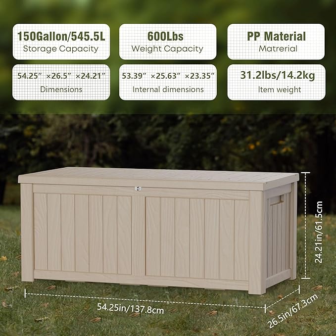 TARKARI 150 Gallon Lockable Resin Deck Box, Waterproof & UV-Resistant Outdoor Storage Box for Outdoor Cushion Storage, Garden Tools & Pool Accessories Storage, Gray - Image 2