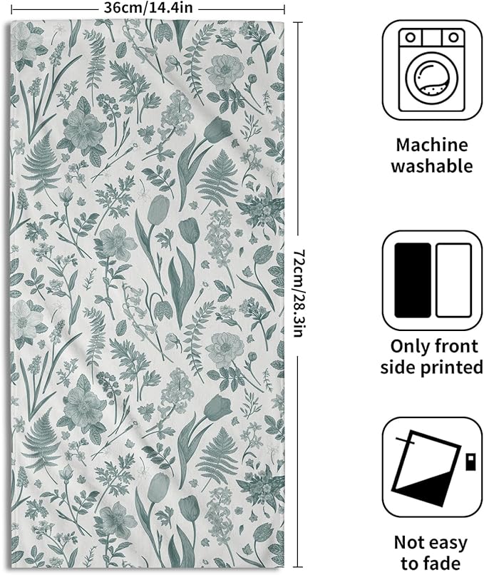Spring Floral Hand Towels for Bathroom Set of 2 Aqua White Flower Leaves - Image 2